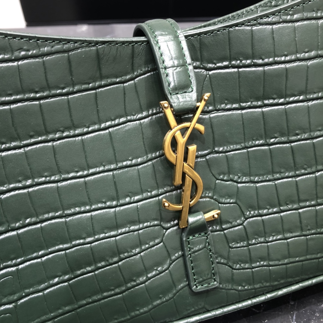 Saint Laurent LE 5 A 7 Crocodile Embossed Calfskin Shoulder Bag Handbag Army Green 657228 